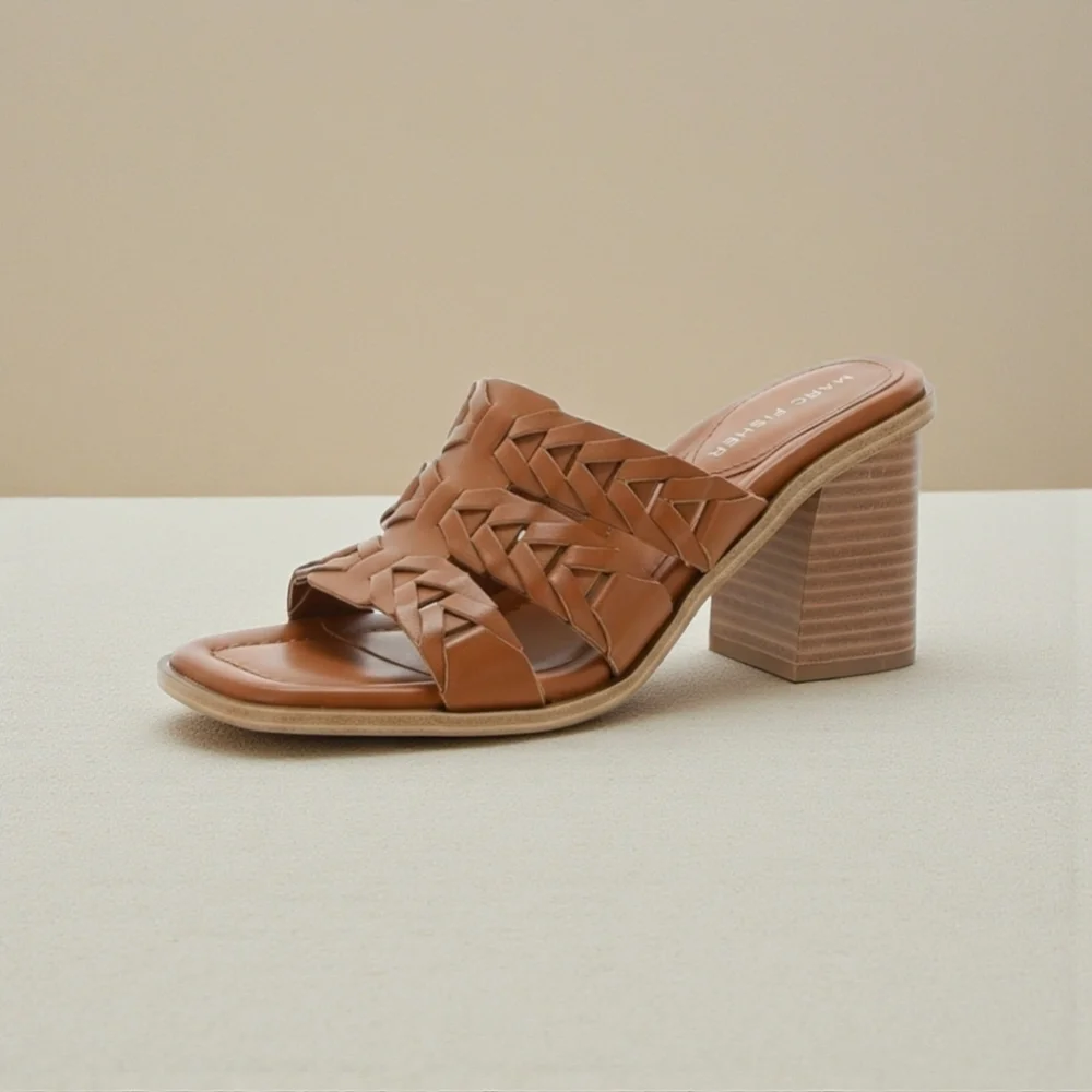 Marc Fisher Womens Slip on Braided Strappy Sandals Mules Sz 9.5 M Brown Cognac